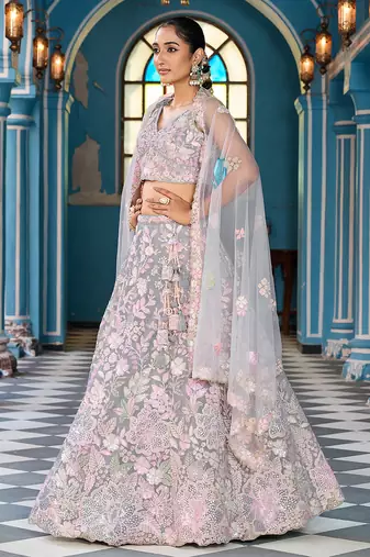 Grey Net Fabric Sequins embroidery Semi Stitched Lehenga & Unstitched Blouse With Dupatta