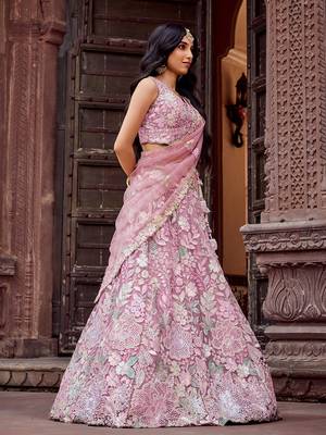 Pink Net Fabric Sequins embroidery Semi Stitched Lehenga & Unstitched Blouse With Dupatta 3