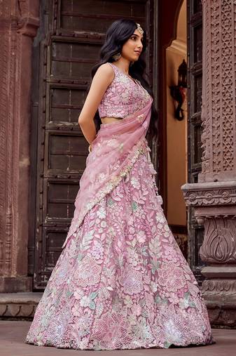 Pink Net Fabric Sequins embroidery Semi Stitched Lehenga & Unstitched Blouse With Dupatta