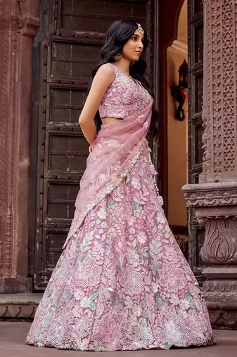Pink Net Fabric Sequins embroidery Semi Stitched Lehenga & Unstitched Blouse With Dupatta