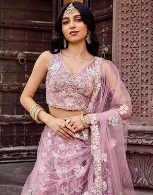 Pink Net Fabric Sequins embroidery Semi Stitched Lehenga & Unstitched Blouse With Dupatta 4