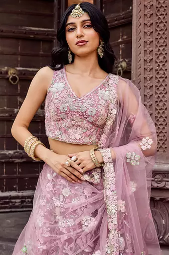 Pink Net Fabric Sequins embroidery Semi Stitched Lehenga & Unstitched Blouse With Dupatta