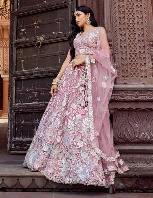 Pink Net Fabric Sequins embroidery Semi Stitched Lehenga & Unstitched Blouse With Dupatta 1
