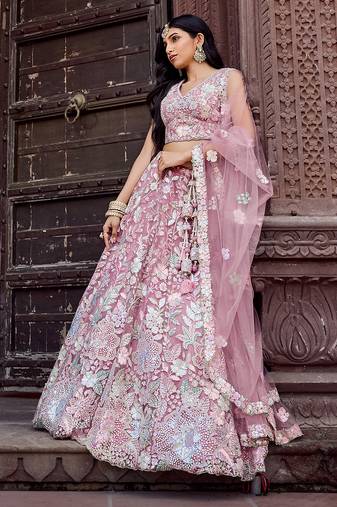 Pink Net Fabric Sequins embroidery Semi Stitched Lehenga & Unstitched Blouse With Dupatta
