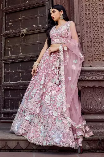 Pink Net Fabric Sequins embroidery Semi Stitched Lehenga & Unstitched Blouse With Dupatta