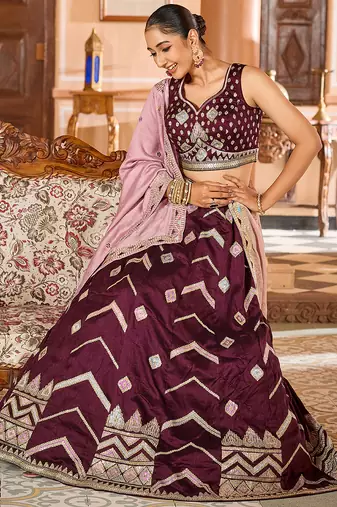 Brown Silk Fabric Sequins embroidery Semi Stitched Lehenga & Unstitched Blouse With Dupatta