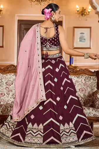 Brown Silk Fabric Sequins embroidery Semi Stitched Lehenga & Unstitched Blouse With Dupatta
