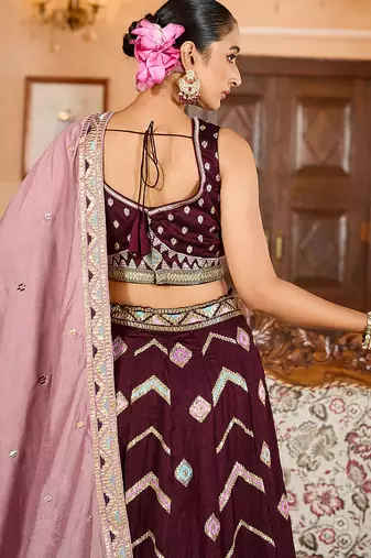 Brown Silk Fabric Sequins embroidery Semi Stitched Lehenga & Unstitched Blouse With Dupatta