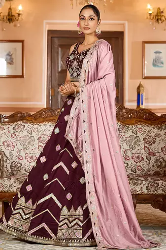 Brown Silk Fabric Sequins embroidery Semi Stitched Lehenga & Unstitched Blouse With Dupatta