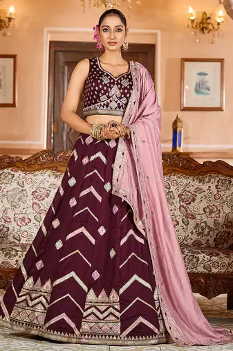 Brown Silk Fabric Sequins embroidery Semi Stitched Lehenga & Unstitched Blouse With Dupatta