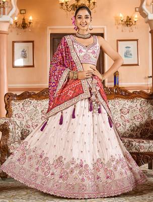 Cream Tissue Fabric Sequins embroidery Semi Stitched Lehenga & Unstitched Blouse With Burgundy Color Dupatta 1