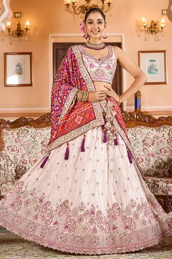 Cream Tissue Fabric Sequins embroidery Semi Stitched Lehenga & Unstitched Blouse With Burgundy Color Dupatta
