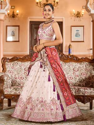 Cream Tissue Fabric Sequins embroidery Semi Stitched Lehenga & Unstitched Blouse With Burgundy Color Dupatta 2