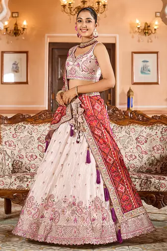 Cream Tissue Fabric Sequins embroidery Semi Stitched Lehenga & Unstitched Blouse With Burgundy Color Dupatta