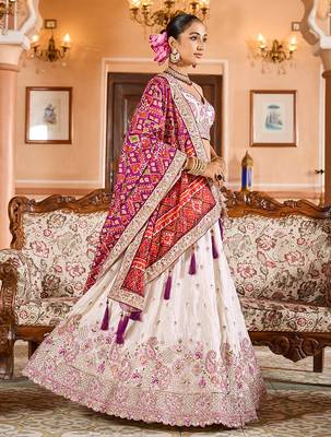 Cream Tissue Fabric Sequins embroidery Semi Stitched Lehenga & Unstitched Blouse With Burgundy Color Dupatta 3