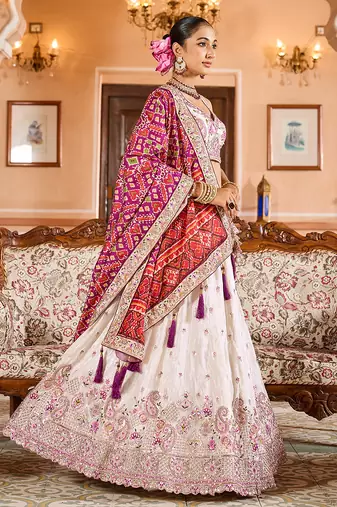 Cream Tissue Fabric Sequins embroidery Semi Stitched Lehenga & Unstitched Blouse With Burgundy Color Dupatta