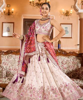 Cream Tissue Fabric Sequins embroidery Semi Stitched Lehenga & Unstitched Blouse With Burgundy Color Dupatta 4