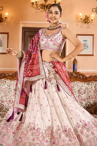 Cream Tissue Fabric Sequins embroidery Semi Stitched Lehenga & Unstitched Blouse With Burgundy Color Dupatta