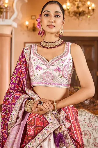 Cream Tissue Fabric Sequins embroidery Semi Stitched Lehenga & Unstitched Blouse With Burgundy Color Dupatta