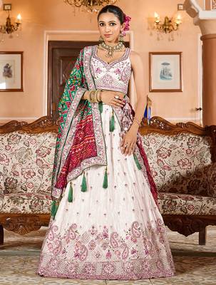 Cream Tissue Fabric Sequins embroidery Semi Stitched Lehenga & Unstitched Blouse With Green Color Dupatta 1