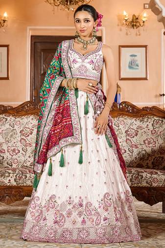 Cream Tissue Fabric Sequins embroidery Semi Stitched Lehenga & Unstitched Blouse With Green Color Dupatta