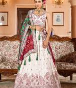 Cream Tissue Fabric Sequins embroidery Semi Stitched Lehenga & Unstitched Blouse With Green Color Dupatta