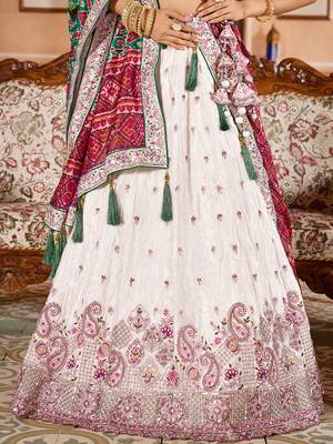 Cream Tissue Fabric Sequins embroidery Semi Stitched Lehenga & Unstitched Blouse With Green Color Dupatta 2