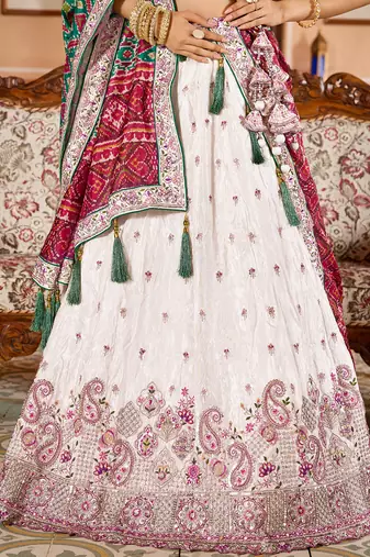 Cream Tissue Fabric Sequins embroidery Semi Stitched Lehenga & Unstitched Blouse With Green Color Dupatta