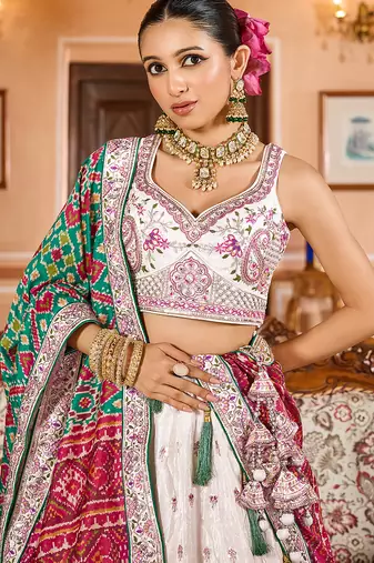 Cream Tissue Fabric Sequins embroidery Semi Stitched Lehenga & Unstitched Blouse With Green Color Dupatta