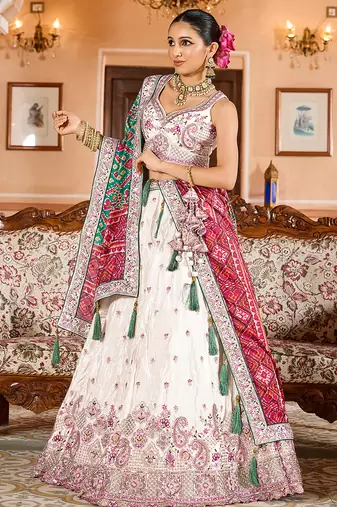 Cream Tissue Fabric Sequins embroidery Semi Stitched Lehenga & Unstitched Blouse With Green Color Dupatta
