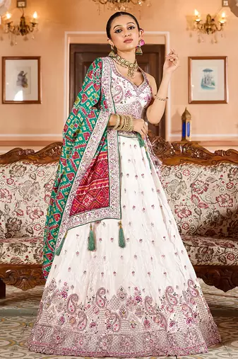 Cream Tissue Fabric Sequins embroidery Semi Stitched Lehenga & Unstitched Blouse With Green Color Dupatta