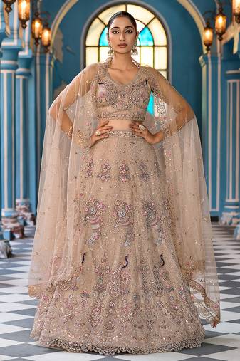 Beige Net Fabric Sequins embroidery Semi Stitched Lehenga & Unstitched Blouse With Dupatta