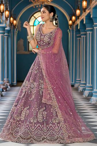 Lavender Net Fabric Sequins embroidery Semi Stitched Lehenga & Unstitched Blouse With Dupatta