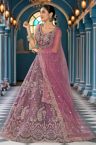 Lavender Net Fabric Sequins embroidery Semi Stitched Lehenga & Unstitched Blouse With Dupatta