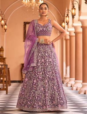 Burgundy Net Fabric Sequins embroidery Semi Stitched Lehenga & Unstitched Blouse With Dupatta 1