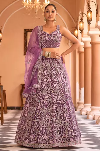 Burgundy Net Fabric Sequins embroidery Semi Stitched Lehenga & Unstitched Blouse With Dupatta