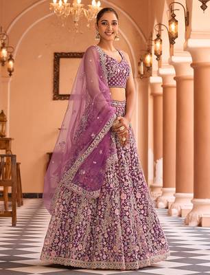 Burgundy Net Fabric Sequins embroidery Semi Stitched Lehenga & Unstitched Blouse With Dupatta 2