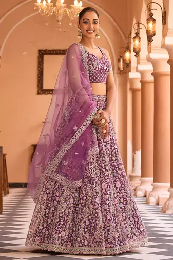 Burgundy Net Fabric Sequins embroidery Semi Stitched Lehenga & Unstitched Blouse With Dupatta