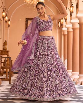 Burgundy Net Fabric Sequins embroidery Semi Stitched Lehenga & Unstitched Blouse With Dupatta 3