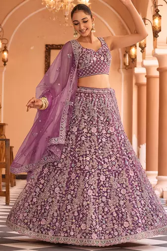 Burgundy Net Fabric Sequins embroidery Semi Stitched Lehenga & Unstitched Blouse With Dupatta