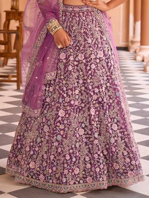 Burgundy Net Fabric Sequins embroidery Semi Stitched Lehenga & Unstitched Blouse With Dupatta 4