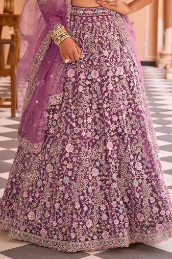 Burgundy Net Fabric Sequins embroidery Semi Stitched Lehenga & Unstitched Blouse With Dupatta