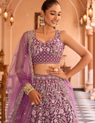 Burgundy Net Fabric Sequins embroidery Semi Stitched Lehenga & Unstitched Blouse With Dupatta 5