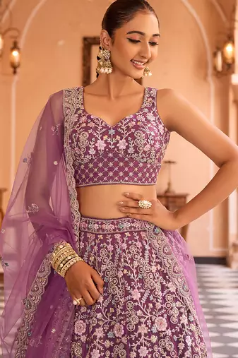 Burgundy Net Fabric Sequins embroidery Semi Stitched Lehenga & Unstitched Blouse With Dupatta