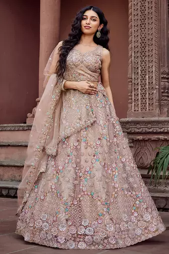 Beige Net Fabric Sequins embroidery Semi Stitched Lehenga & Unstitched Blouse With Dupatta