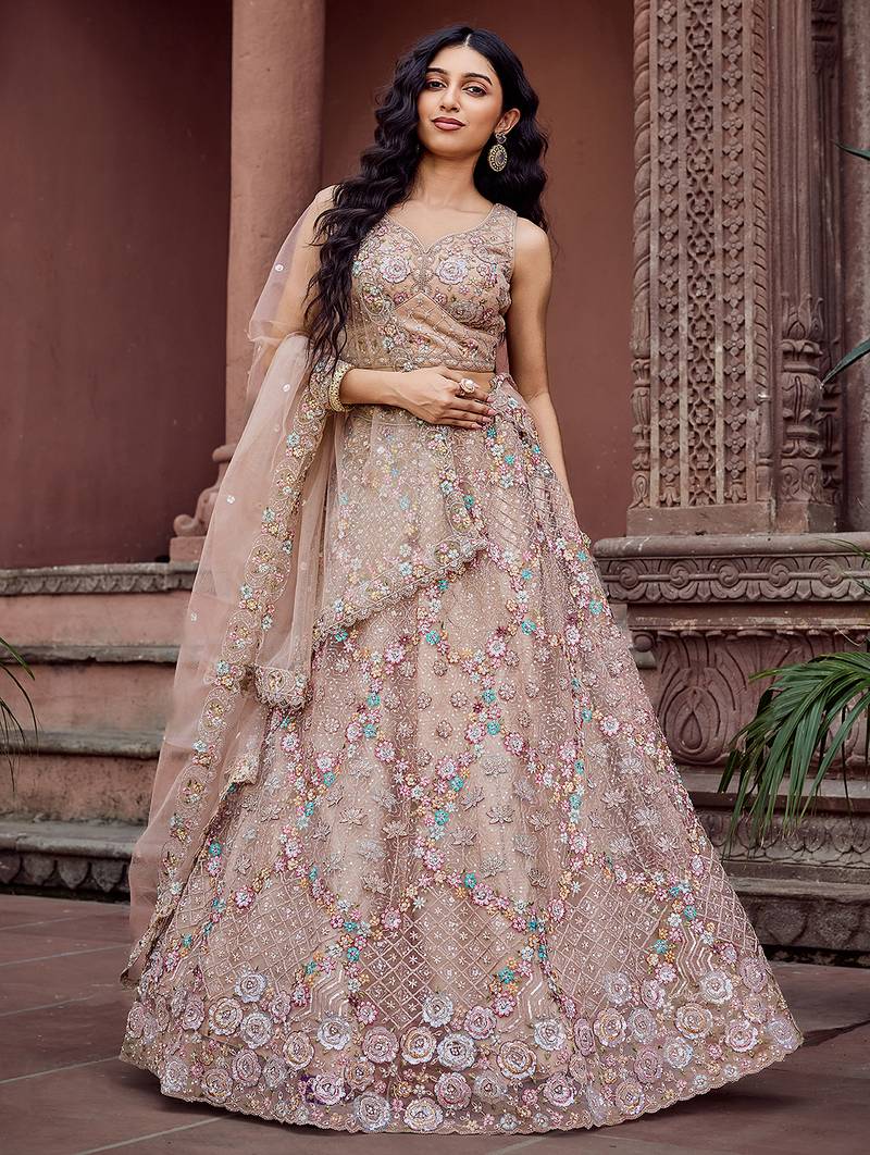 Beige Net Fabric Sequins embroidery Semi Stitched Lehenga & Unstitched Blouse With Dupatta