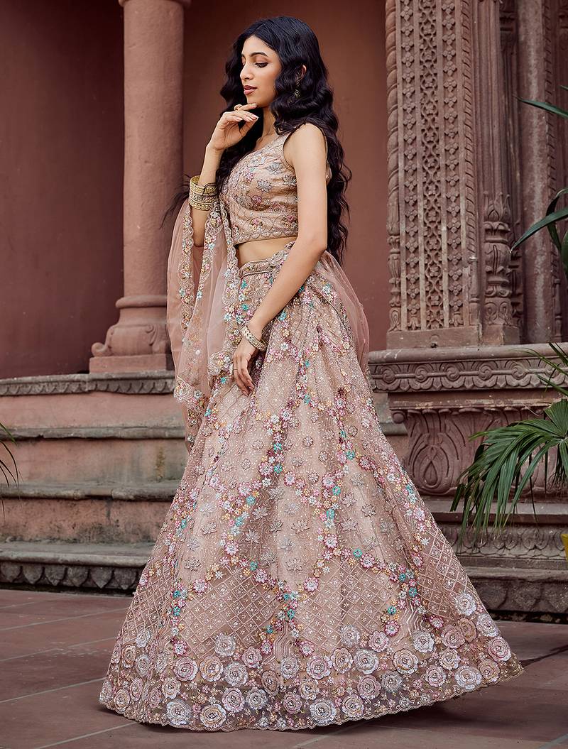 Beige Net Fabric Sequins embroidery Semi Stitched Lehenga & Unstitched Blouse With Dupatta