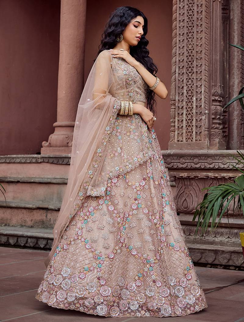 Beige Net Fabric Sequins embroidery Semi Stitched Lehenga & Unstitched Blouse With Dupatta