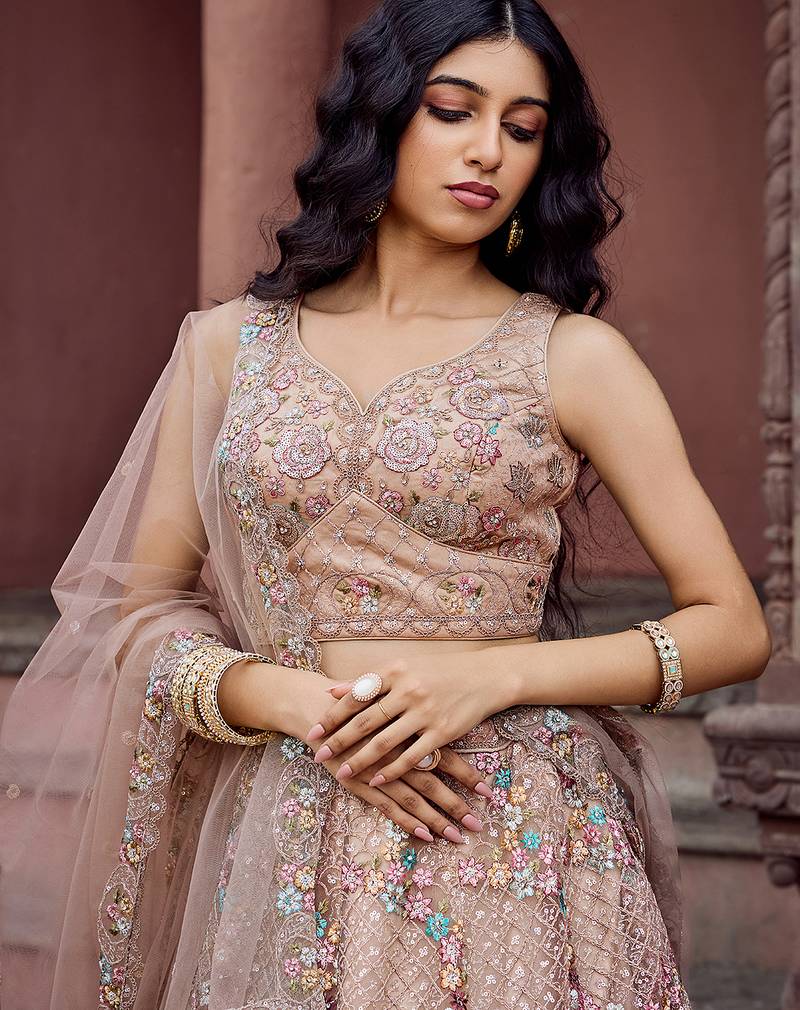 Beige Net Fabric Sequins embroidery Semi Stitched Lehenga & Unstitched Blouse With Dupatta