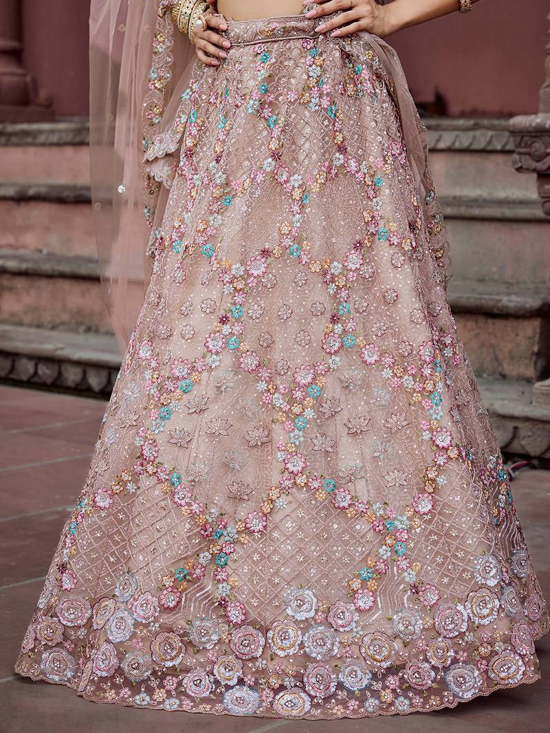 Beige Net Fabric Sequins embroidery Semi Stitched Lehenga & Unstitched Blouse With Dupatta